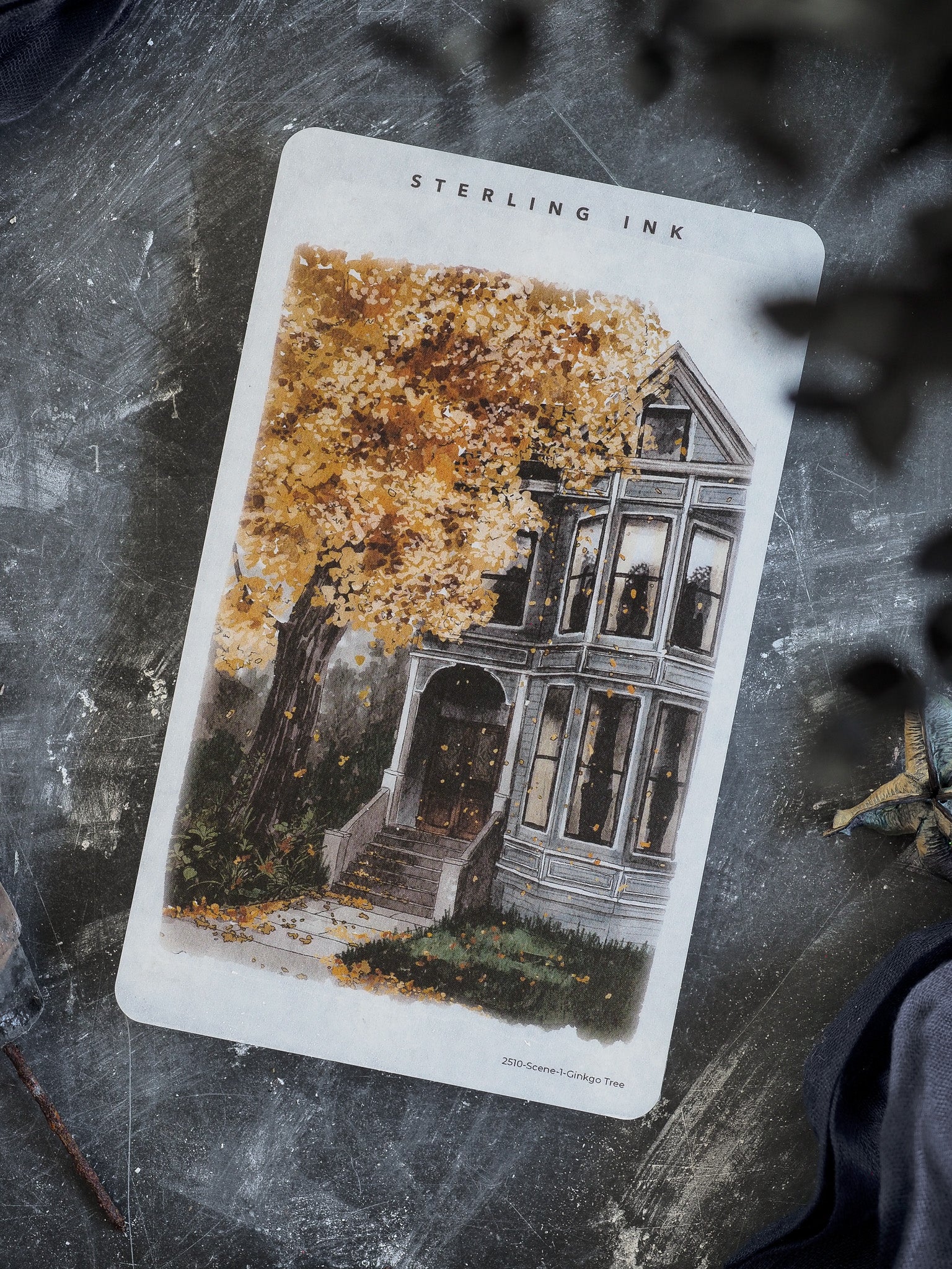 Vintage illustration featuring an old Victorian house and a magnificent ginkgo tree adorned with golden autumn foliage, perfect for seasonal craft projects.