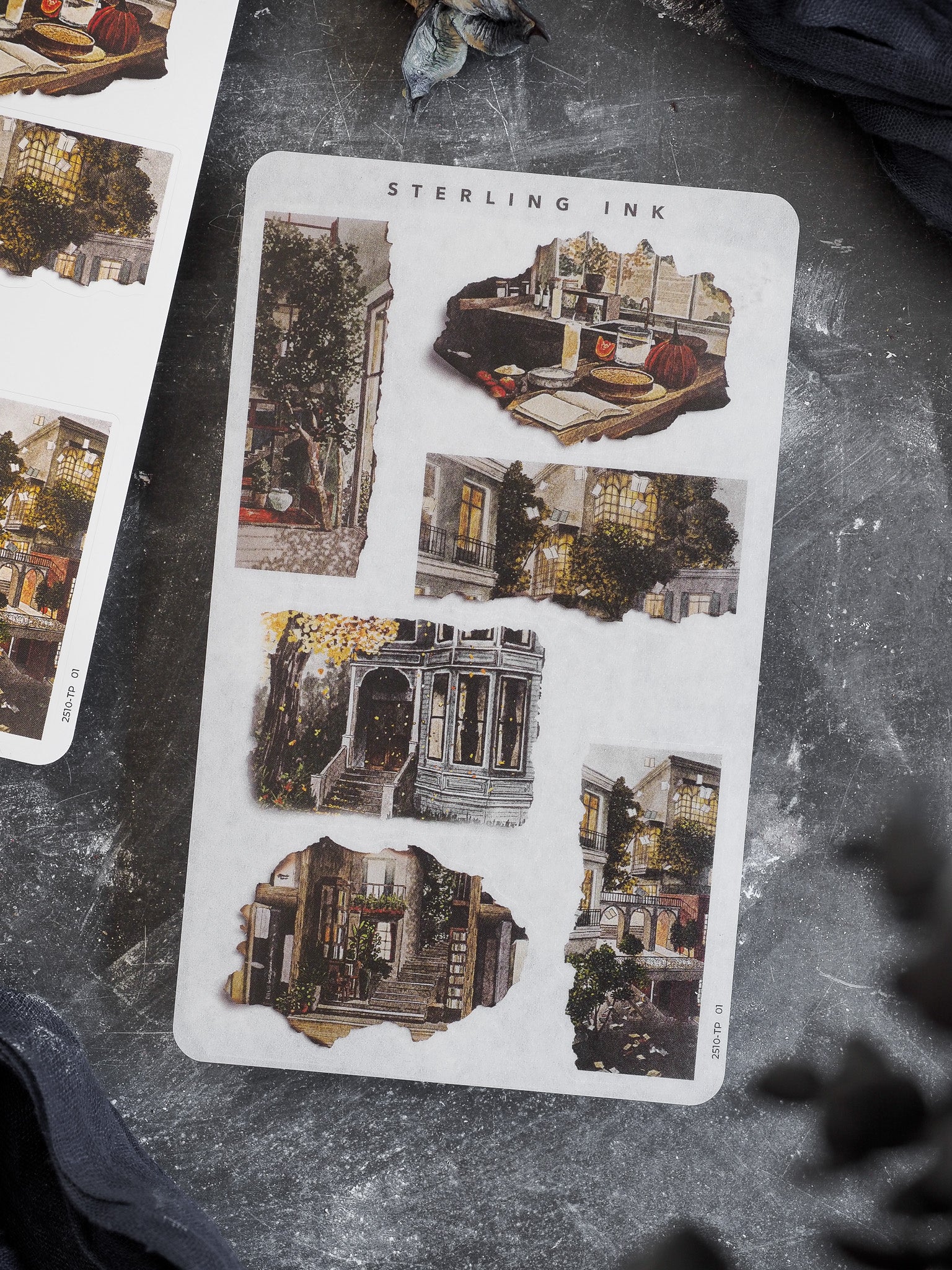 Vintage autumn sticker collection featuring detailed, rustic architectural illustrations of haunted houses, fall decor, and seasonal October themes.