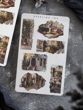 Vintage autumn sticker collection featuring detailed, rustic architectural illustrations of haunted houses, fall decor, and seasonal October themes.