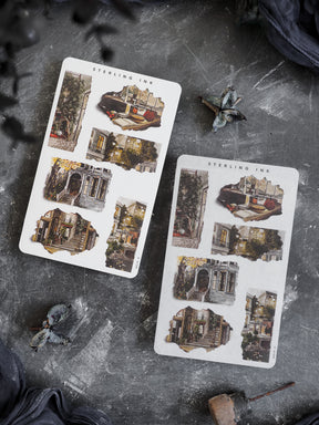 Clustered sheet of vintage, torn-edge stickers featuring sepia-toned illustrations of autumnal scenes and rustic architectural details for seasonal journaling.