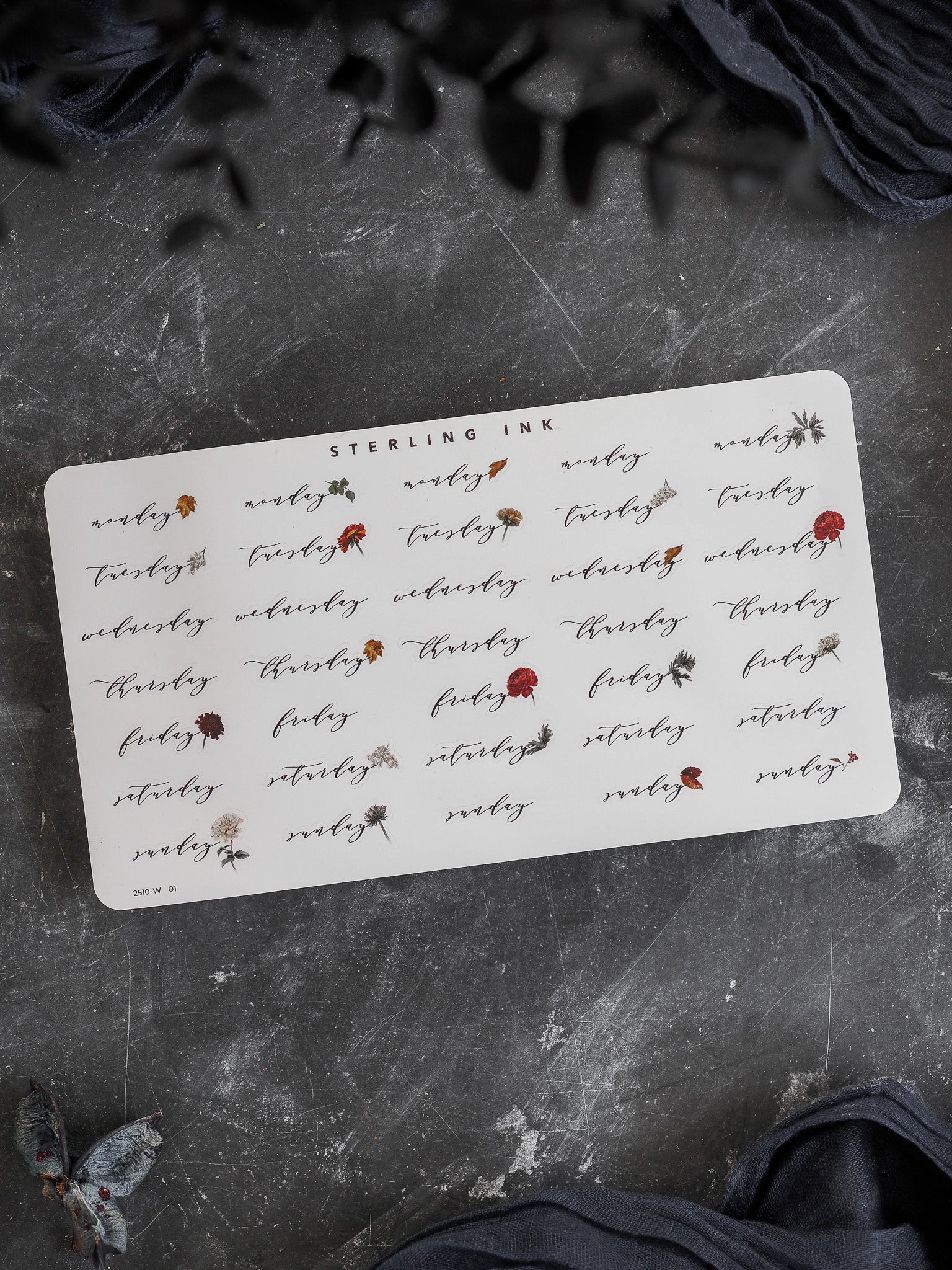 Rustic calendar sticker set for October 2025, featuring weekly days of the week and coordinating autumn leaf and floral decorations for journaling.