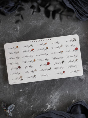Rustic calendar sticker set for October 2025, featuring weekly days of the week and coordinating autumn leaf and floral decorations for journaling.