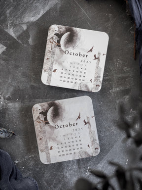 Autumn-themed October 2025 monthly calendar template, featuring rustic illustrations of pumpkins, falling leaves, and birds for seasonal planning and scheduling.