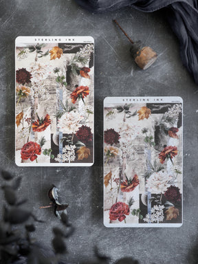 Decorative sticker sheets featuring a dense, romantic autumn floral pattern of deep red, orange, and brown fall leaves interspersed with delicate white and cream blossoms.