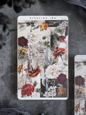 Seasonal sticker strip featuring a rich, vintage illustration of autumn florals, including deep red roses, chrysanthemums, and warm fall foliage.