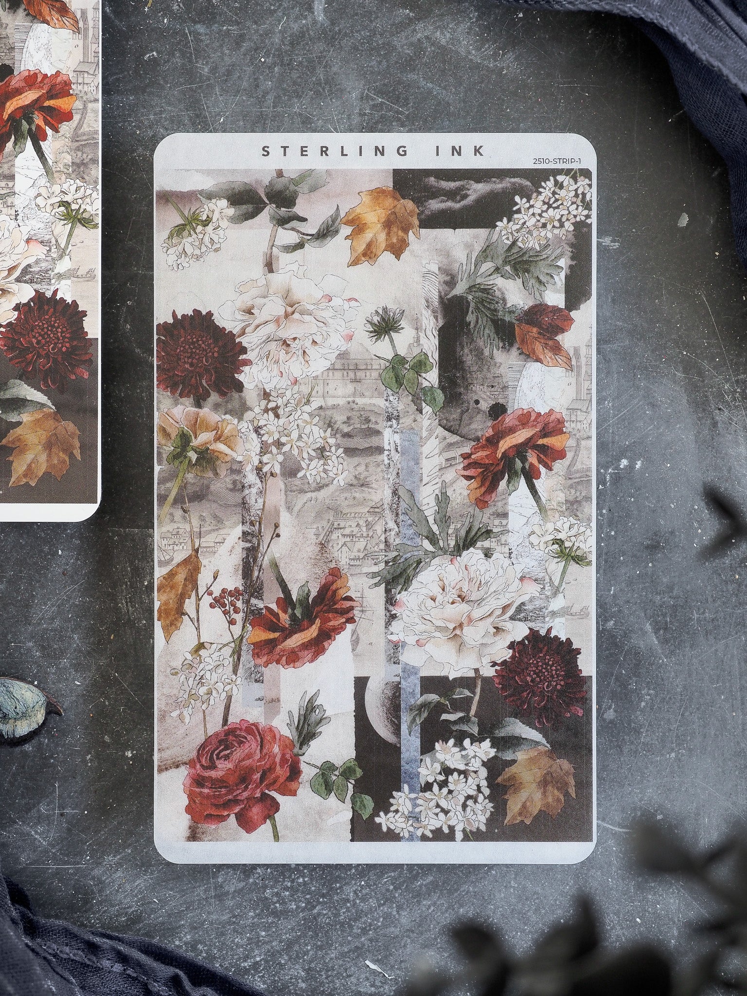 Detailed botanical sticker strip capturing the rich fall season with vibrant peonies, dahlias, and warm autumn foliage.