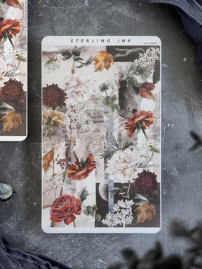 Detailed botanical sticker strip capturing the rich fall season with vibrant peonies, dahlias, and warm autumn foliage.