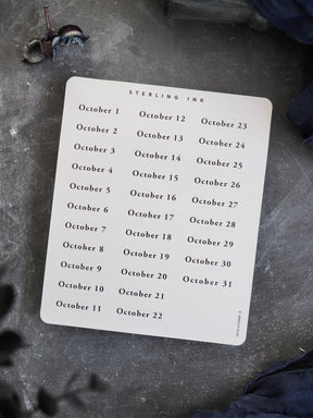 Printable sticker sheet displaying October 2025, with clear, organized black dates formatted in three clean columns on white cardstock for easy planning.
