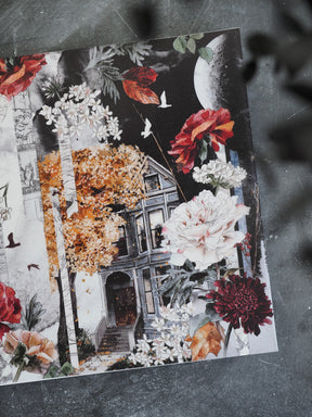 Moody autumn-themed design combining a vintage house illustration with dramatic peonies, lush fall foliage, and dark, seasonal elements for October 2025.