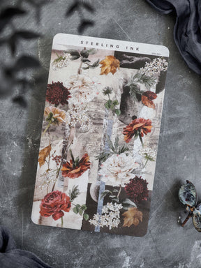 Autumn-themed decorative sheet featuring a rich arrangement of lush peonies, burnt orange, deep red, and cream flowers on a vintage, rustic background.
