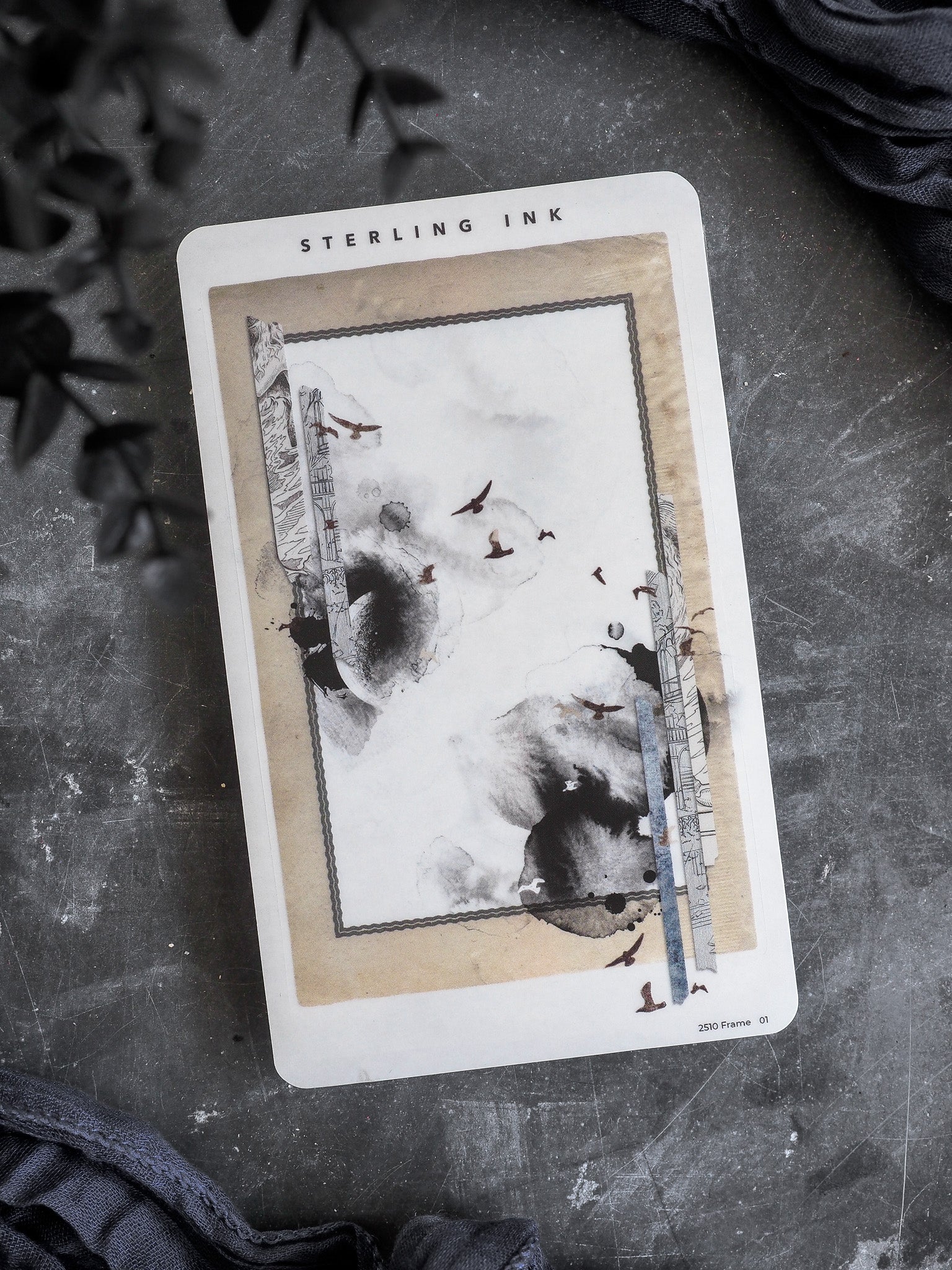 Elegant vintage sticker featuring sepia watercolor washes and detailed black ink sketches of swooping birds, perfect for October journaling.
