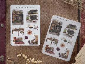 Mini Elements Icon Stickers featuring detailed, sepia-toned illustrations of interior design elements, including balconies, furniture, and decorative room layouts.