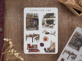 Mini Elements Icon Stickers feature black ink illustrations of cozy home décor, including miniature furniture, potted plants, and architectural vignettes for decorating planners and journals.