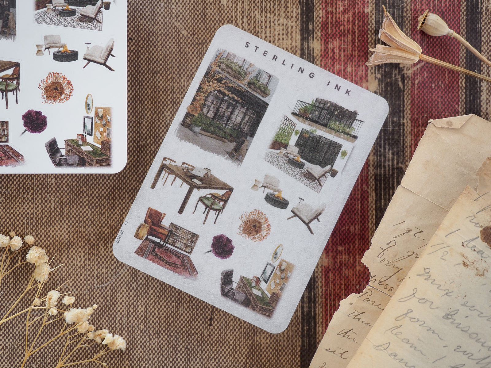 Mini sticker set featuring monochromatic, detailed illustrations of home decor elements like furniture, potted plants, and architectural icons.