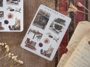 Mini sticker set featuring monochromatic, detailed illustrations of home decor elements like furniture, potted plants, and architectural icons.