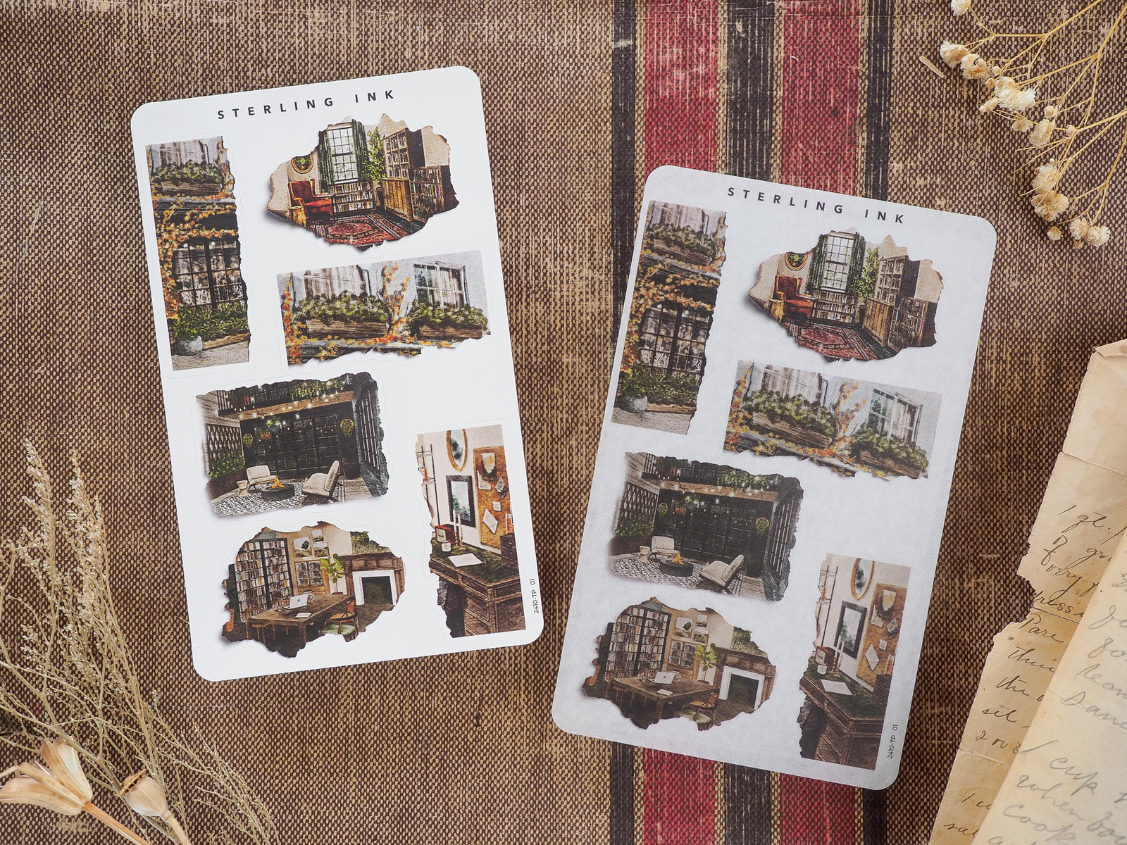 Set of "Torn Paper Stickers - October 2024" featuring layered, vintage-style collage illustrations of cozy, autumnal interior scenes and architectural vignettes.