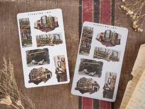 Set of "Torn Paper Stickers - October 2024" featuring layered, vintage-style collage illustrations of cozy, autumnal interior scenes and architectural vignettes.