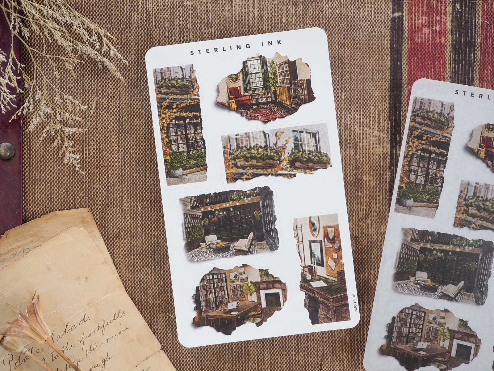 Sheet of vintage torn paper stickers featuring richly colored autumnal scenes, including distressed illustrations of old storefronts and cozy seasonal vignettes.