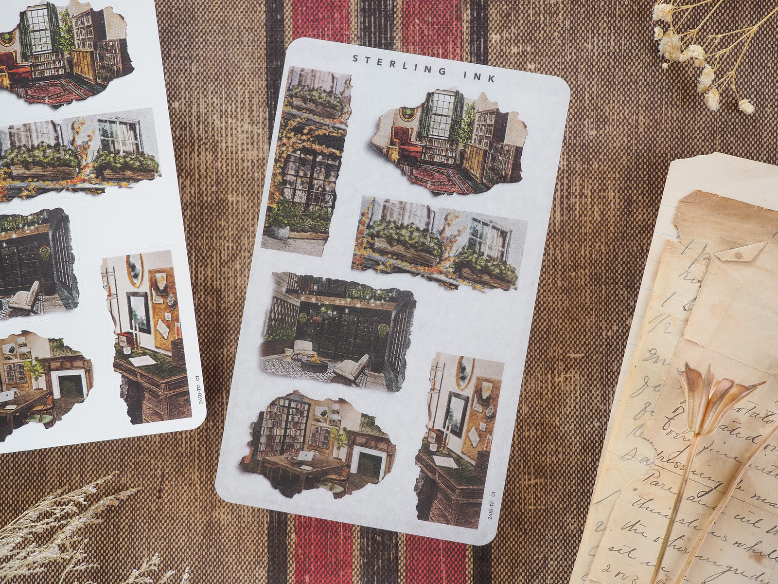 Set of October 2024 torn paper stickers featuring vintage, sepia-toned illustrations of distressed architectural interiors and rustic scenes.