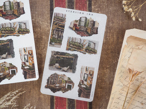 Set of October 2024 torn paper stickers featuring vintage, sepia-toned illustrations of distressed architectural interiors and rustic scenes.