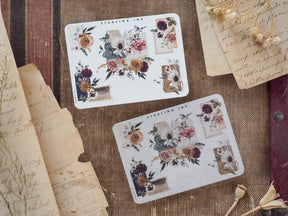Sheets of decorative vinyl stickers featuring rich watercolor bouquets of peonies, roses, and greenery in muted pink, cream, and deep red tones.