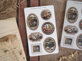 Assortment of die-cut picture frame stickers featuring sepia-toned, cozy interior scenes perfect for seasonal October journaling and scrapbooking.