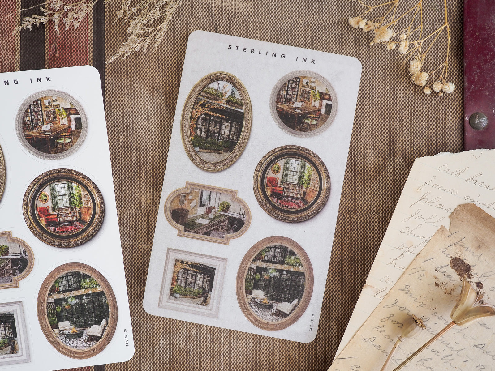 Vintage sticker sheet featuring various ornate photo frames surrounding detailed, nostalgic interior scenes of cozy, rustic rooms.