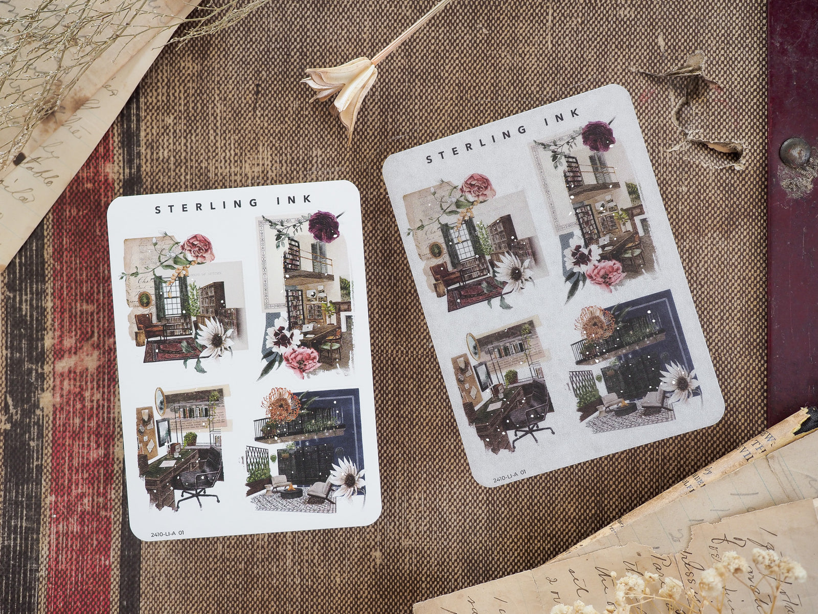 Large icon stickers with an autumnal theme, featuring detailed illustrations of architecture and seasonal flowers in rich, muted colors for October planning.