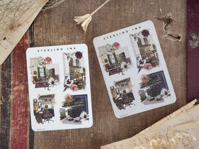 Large icon stickers with an autumnal theme, featuring detailed illustrations of architecture and seasonal flowers in rich, muted colors for October planning.