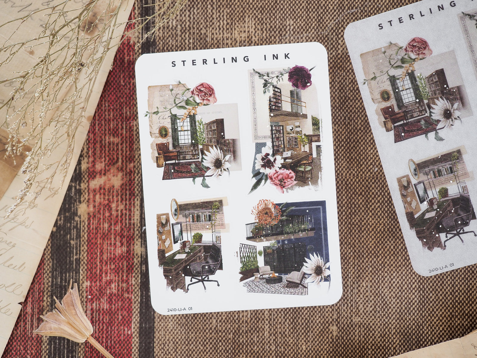 Detailed sticker collection featuring muted, elegant illustrations of cozy interiors, vintage furniture, potted greenery, and architectural vignettes.
