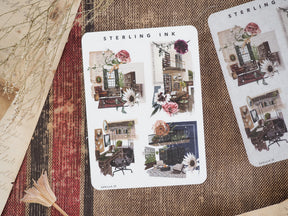 Detailed sticker collection featuring muted, elegant illustrations of cozy interiors, vintage furniture, potted greenery, and architectural vignettes.