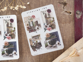 Detailed sticker sheet featuring romantic illustrations of Parisian-style balconies, floral gardens, and charming townhouses in a vintage, architectural style.