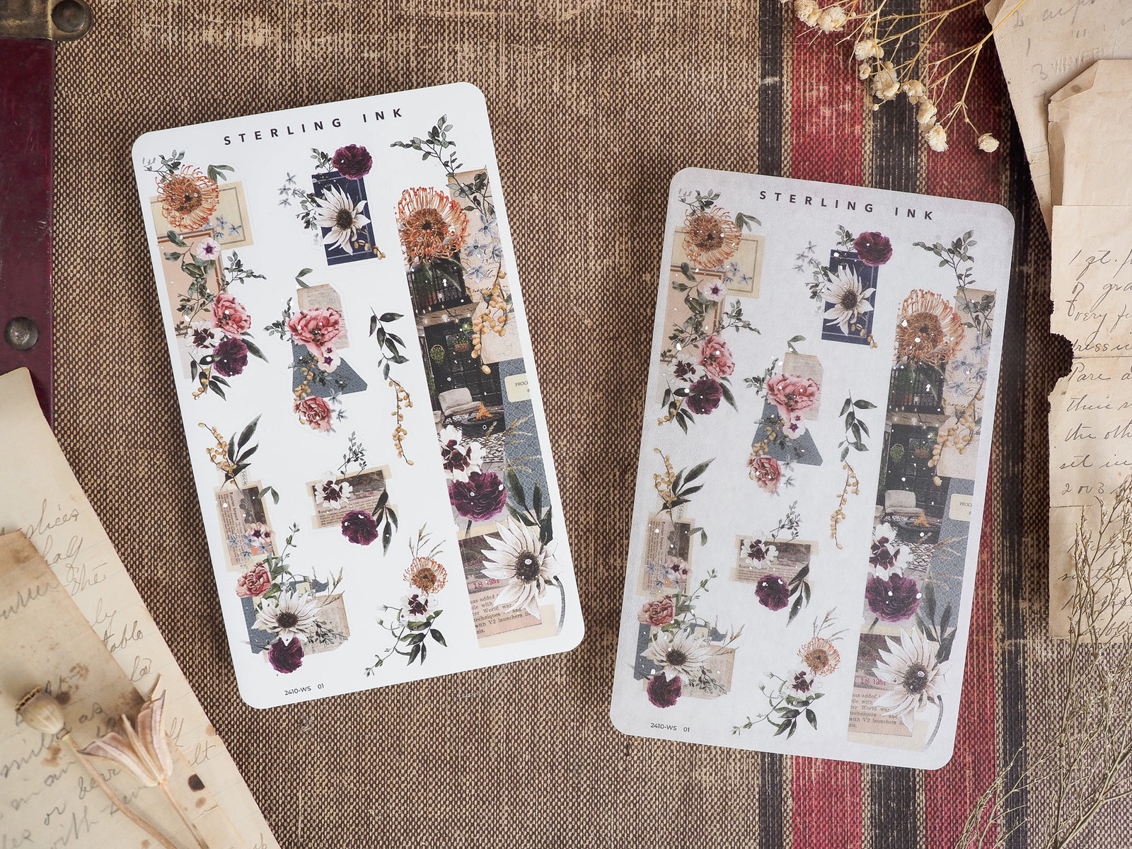 Autumnal washi sticker sheets featuring rich fall bouquets, vintage photo collages, and deep burgundy floral designs by Sterling Ink.