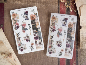 Autumnal washi sticker sheets featuring rich fall bouquets, vintage photo collages, and deep burgundy floral designs by Sterling Ink.