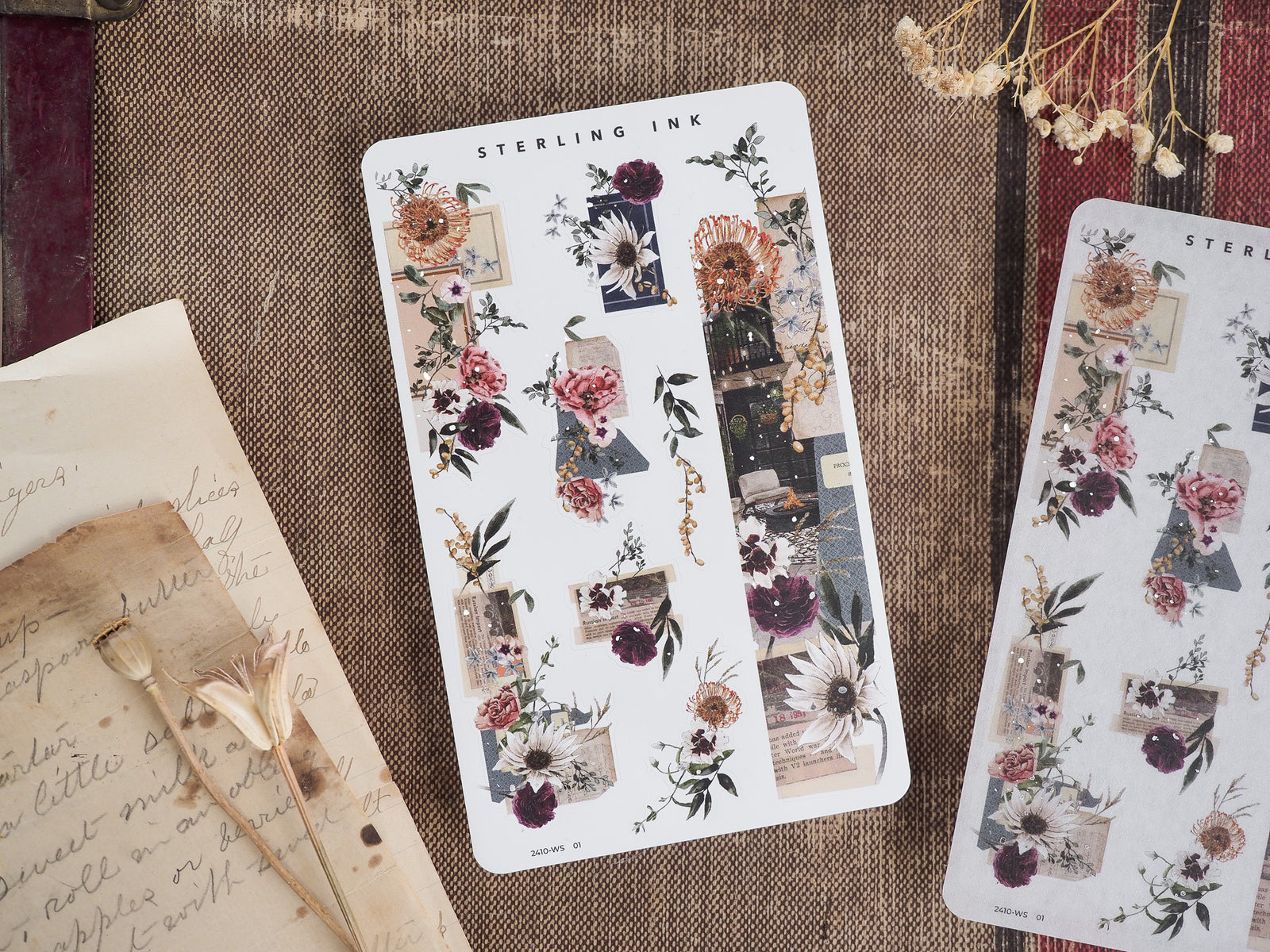 Autumn-themed washi strip stickers featuring a rich, vintage floral pattern with deep jewel tones, rustic wooden accents, and pressed blooms.