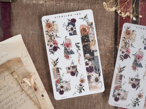 Autumn-themed washi strip stickers featuring a rich, vintage floral pattern with deep jewel tones, rustic wooden accents, and pressed blooms.