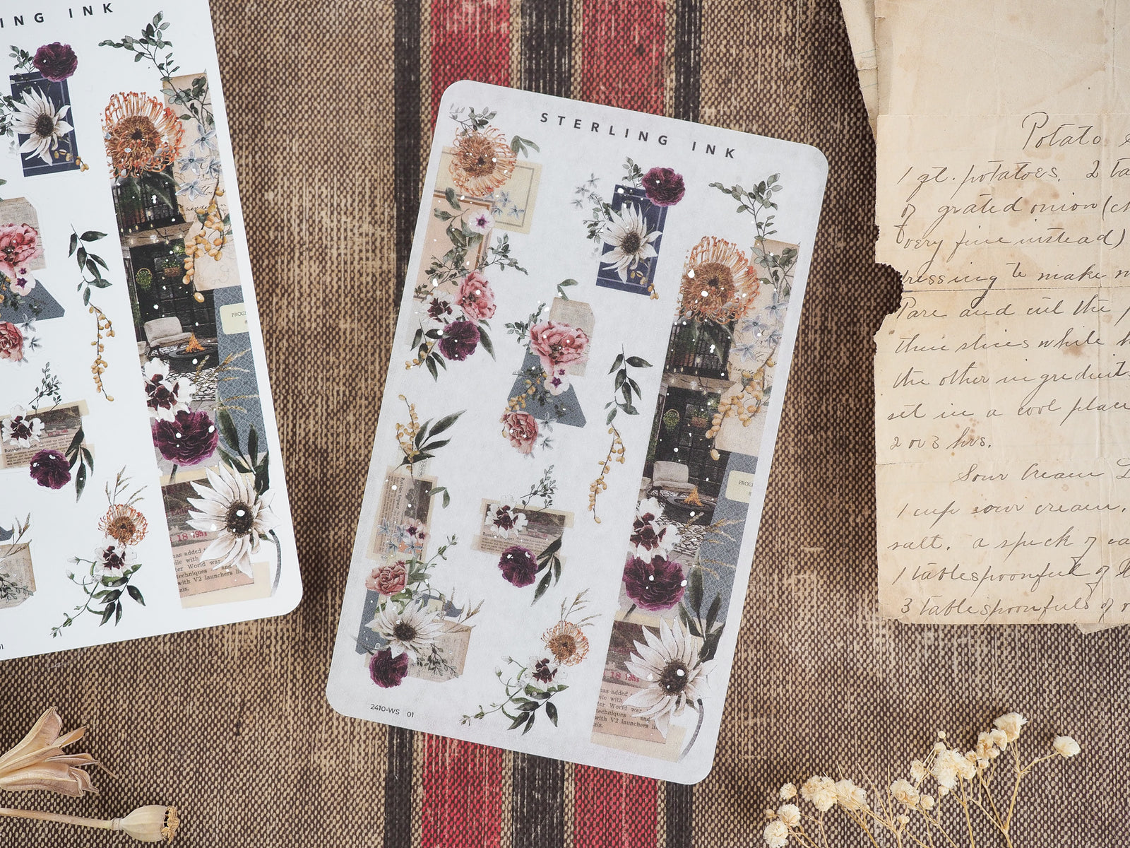 Autumn botanical washi strip stickers featuring a vintage arrangement of deep red roses, burnt orange, and cream wildflowers on a neutral background.
