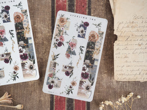 Autumn botanical washi strip stickers featuring a vintage arrangement of deep red roses, burnt orange, and cream wildflowers on a neutral background.