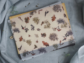 Planner cover decorated with a delicate pattern of seasonal fall foliage, scattered berries, and muted autumnal leaves in rich earthy tones.