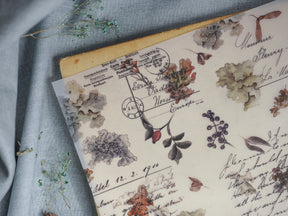 Sepia-toned vintage journal paper featuring an antique design collage of European stamps, delicate botanical sketches, and aged handwritten script.
