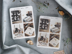 Illustration stickers set with silver foil accents, displaying a moody, autumnal desk scene filled with old books, vintage writing instruments, and stacked ink bottles.