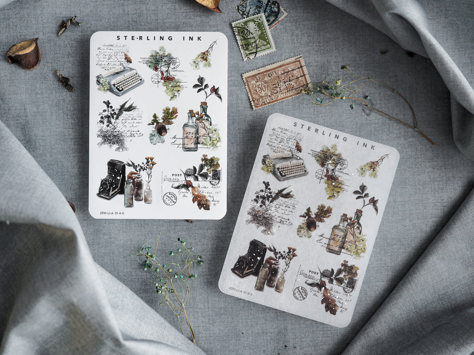 Vintage journaling sticker sheets featuring sepia-toned icons like antique typewriters, postage stamps, and apothecary bottles perfect for scrapbooking and crafting.