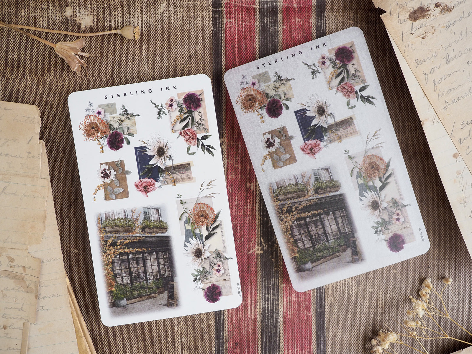 Autumnal botanical arrangement sticker sheets featuring clusters of dried flowers, rustic fall accents, and vintage book elements for October journaling.