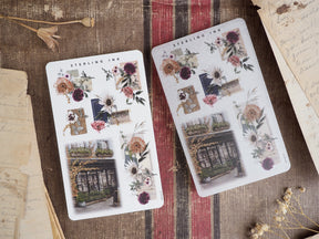 Autumnal botanical arrangement sticker sheets featuring clusters of dried flowers, rustic fall accents, and vintage book elements for October journaling.
