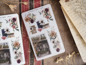 Decorative sticker sheet of autumn floral arrangements featuring dried blooms, rich fall colors, and rustic window accents for October scrapbooking.