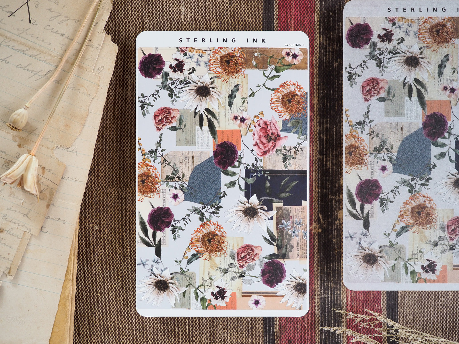 Rich, decorative autumn sticker strips showcasing vibrant dahlias and roses in deep reds, burnt oranges, and muted creams against a mixed-media background.