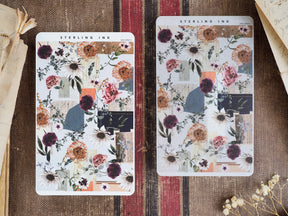 Autumnal floral sticker set featuring rich dahlias, roses, and greenery in shades of blush, rust, deep teal, and cream for October journaling.