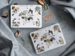 Rustic autumnal sticker sheets featuring vintage postcards, sepia-toned stamps, and detailed illustrations of fallen leaves and fall foliage.