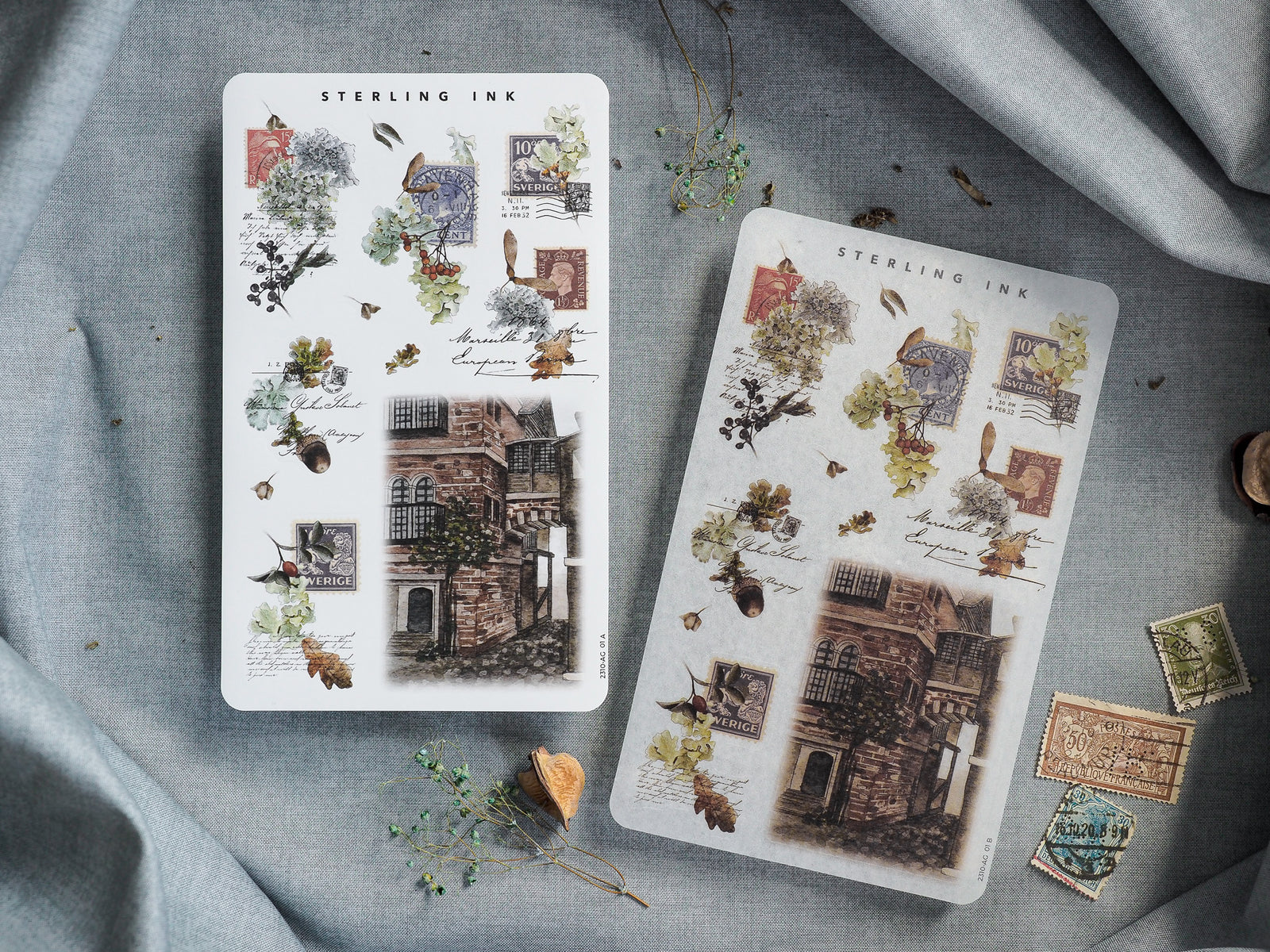 A curated set of October 2023 journaling stickers featuring autumnal foliage, vintage postage stamps, and classic brownstone illustrations.
