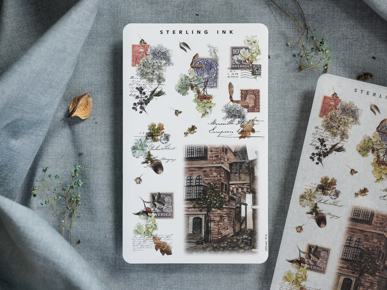 A dense arrangement of vintage sticker sheets featuring sepia-toned engravings of European architecture, botanical illustrations, and antique scientific sketches.